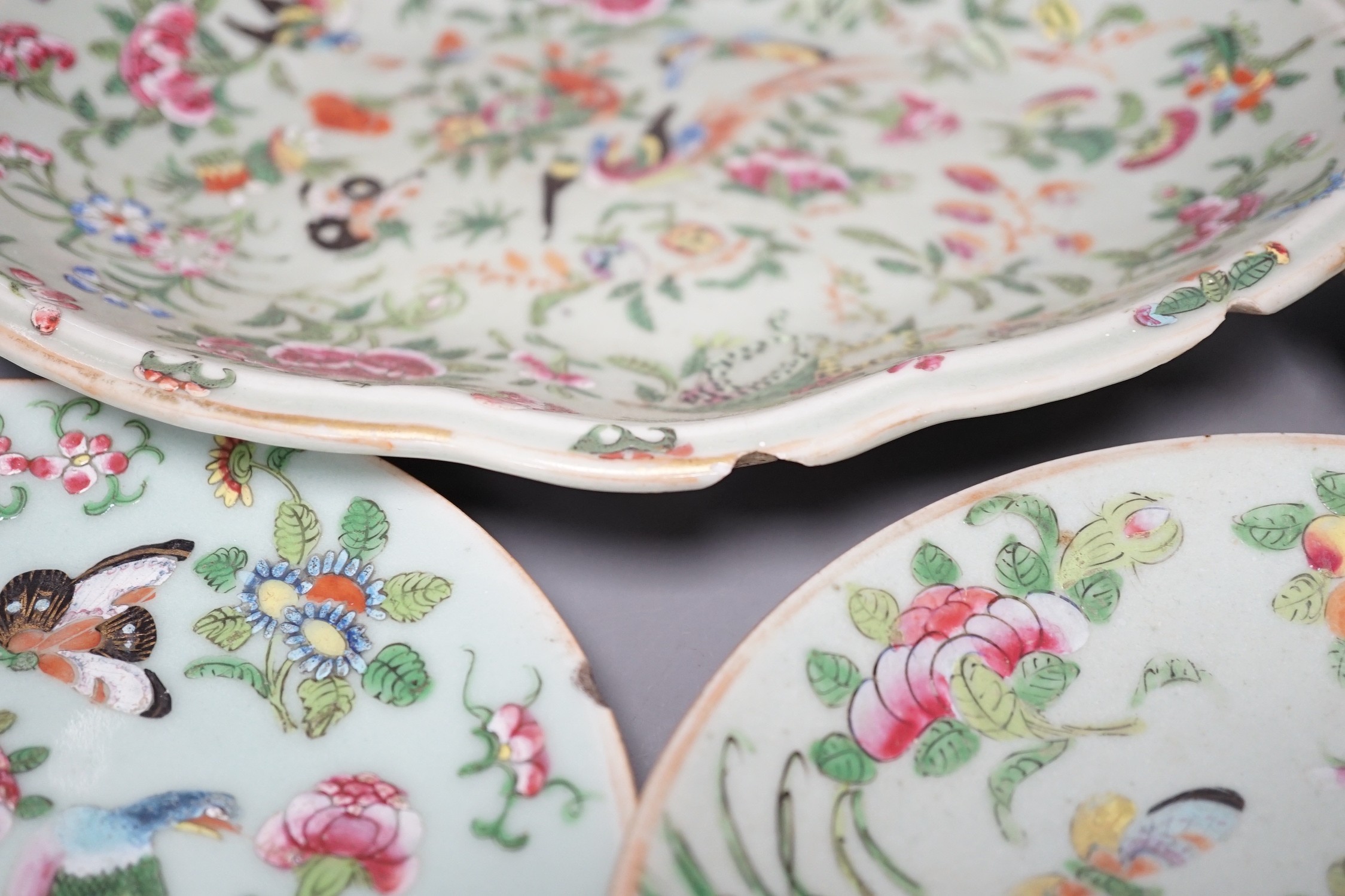 Assorted Chinese Canton decorated famille rose plates, 19th century, largest 27.5cm